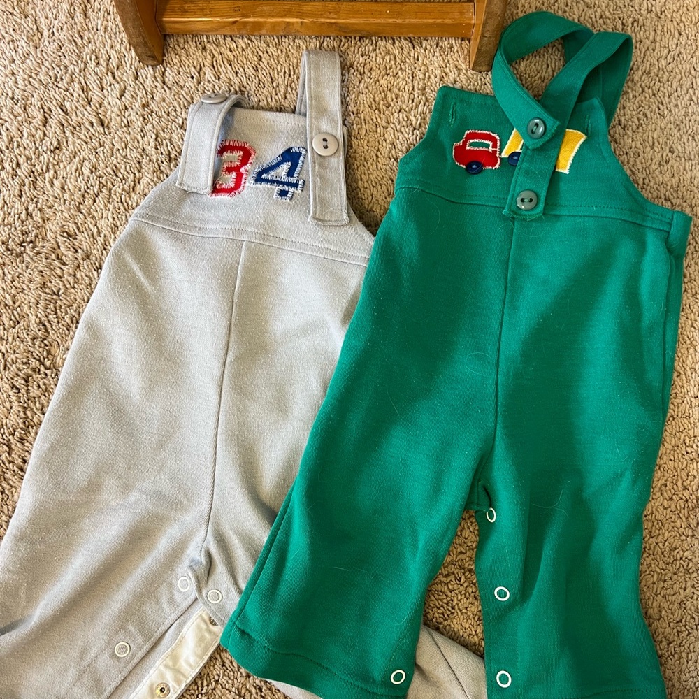 Vintage 80s Healthtex Green and Gray Baby Overalls with Embroidery